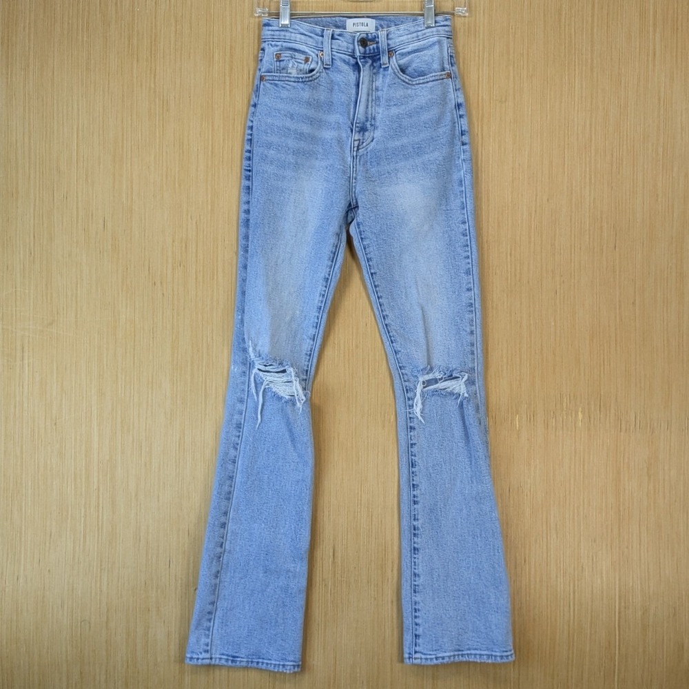 Pistola Women's Dana High Rise Boho Retro Flare Jeans 24 Light Wash Distressed